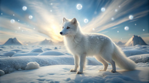 The ethereal beauty of an arctic fox, its fur as light as a cloud, set against a backdrop of luminous pearls that seem to float in the air.