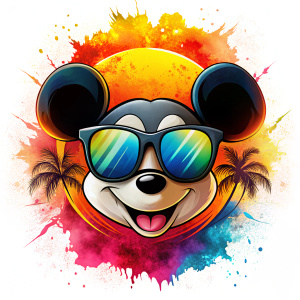 high quality, powerful colorful, funny face clipart, transparent, crazy mickey mouse with sunset sunglasses body, white background, splash