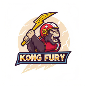 Logo design for 'Kong Fury'. Cartoon ape with helmet and lightning bolt, stylish and vibrant colors, dynamic pose.