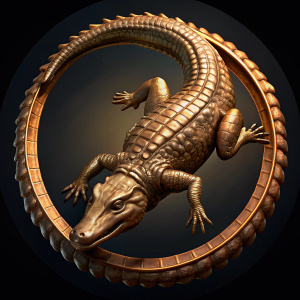 caimán de bronce alrededor de un circulo,el caiman debe estar en la parte exterior del circulo y que su cuerpo siga la forma del ciurculo