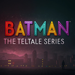 Digital artwork featuring the logo for 'Batman: The Telltale Series'. Vibrant colors against a dark background. Modern font style.