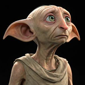 A 3D render of Dobby from Harry Potter. The character has pale peach skin, big ears, and a sorrowful expression. Set against a pitch-black backdrop