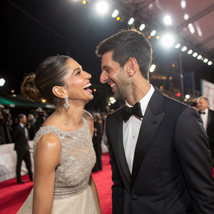 Deepika Padukone and Novak Djokovic sharing a playful moment at a star-studded awards ceremony.