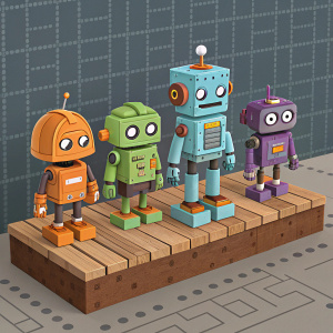 Cartoony robot characters from Wakfu game. They stand on a wooden platform, blocks of vibrant colors like brown, green, blue, orange, and purple. Set against a retro, pixelated backdrop with a gray grid.