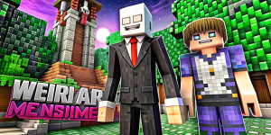 create minecraft youtube banner for streamer: 'wearraisme' with huge slanderman as a mob at background. Slenderman is a tall man with unnaturally long limbs that bend at random.