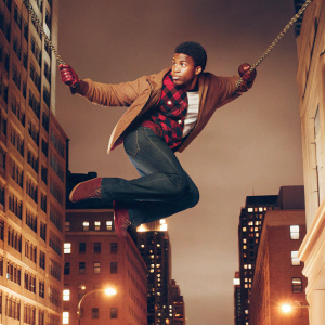 Miles Morales, as Spider-Man, swinging through the night sky above a bustling city with illuminated skyscrapers in the background.