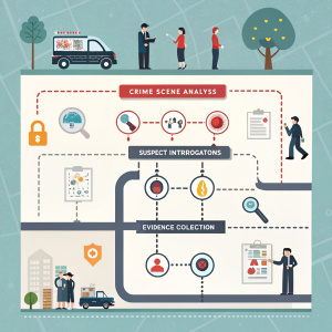 Detailed infographic in Spanish depicting a police investigation. Shows crime scene analysis, suspect interrogations, and evidence collection. Complex layout