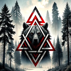 valknut runes pattern geometric symbols - bear and trees - tattoo design - perfect realistic art - high-definition - grey and black - white background 