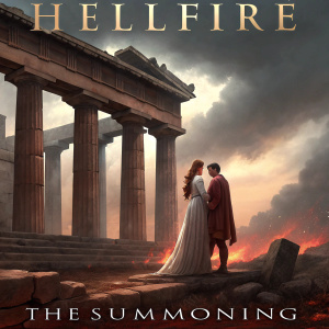Digital painting titled 'HellFire: The Summoning'. A dramatic scene set in an ancient Greek temple, featuring a male and female figure under an ominous sky. Colors are muted with shades of brown, white, and hints of deep red. Artist's website: www.artofhellfire.com