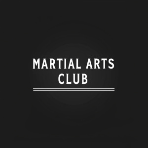 Digital graphic for martial arts club. Black background. Sans serif font. Minimalist design. Name centered. Clean and modern look.
