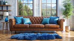 Brown shaggy leather sofa with blue pillows near window. Scandinavian home interior design of modern living room.