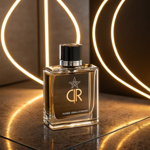 Cristiano Ronaldo's signature fragrance bottle. Luxurious chrome finish, black lid. Prominent logo on front. Glowing neon backdrop.