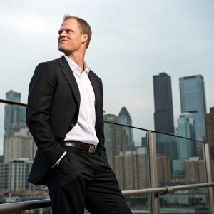 Justin Morneau, former baseball player, posing for a magazine spread. White shirt, black suit. City skyline backdrop