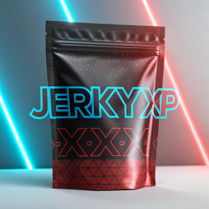 Advert for JerkyXP's spicy beef jerky. Shiny metallic bag, neon blue and red highlights. Futuristic, sleek font