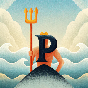 Iconic logo design featuring Greek god Poseidon. Trident spear alongside bold, vintage-style letter 'P'. Deep ocean blue background