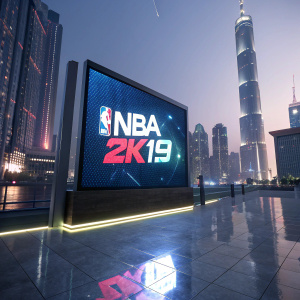 The NBA 2K19 logo displayed on a sleek, modern digital screen. Futuristic cityscape background.