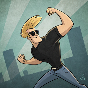 Digital illustration of a cartoon character inspired by Johnny Bravo. The character has a muscular build, dynamic pose, and an energetic stance. He wears a black t-shirt and shades, with wavy blonde hair. The background is a mix of muted green and blue, giving it a modern comic book vibe.