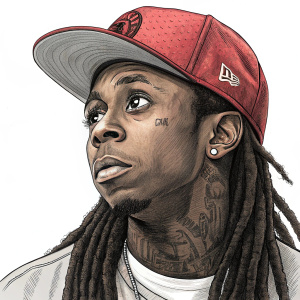 A sketch of Lil Wayne's face. Detailed pencil drawing. White background