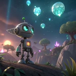 Clank, a tiny, determined robot, from Ratchet & Clank: Rift Apart. He stands on an alien planet with glowing crystals and floating islands in the background.