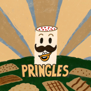 Cartoony Pringles can with a smiling face and mustache. Large 'Pringles' text below. Background features various snacks and blue gradient