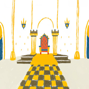 Pixel art fantasy scene. Majestic king's throne room. Rich colors, elaborate checkered floor. Grand entrance with detailed architecture.