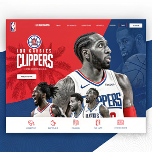 Homepage of Los Angeles Clippers. Banner showcasing Kawhi Leonard. Sidebar features images of Paul George, Patrick Beverley, and other team members. Bold red and blue theme