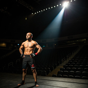Marlon Moraes, a UFC fighter with a muscular physique, posing confidently. Empty arena, spotlighted