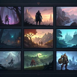 Concept art thumbnails for League of Legends. Characters and scenes in a grid layout. Dark background with sketch-like renderings. Muted and vibrant colors mixed.
