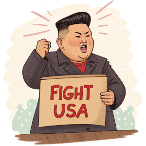 Caricature of Kim Jong-un with a bold, confident expression, holding a sign with the phrase 'FIGHT USA' in red warm colors, set in a provocative cartoon style.