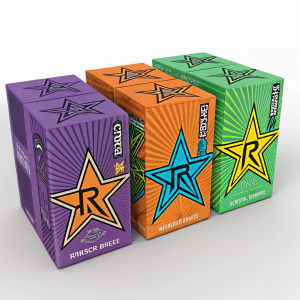 A colorful display of Rockstar Energy Drink boxes. Vibrant hues of purple, blue, orange, and green create a striking pattern. Each box features a prominent star logo.