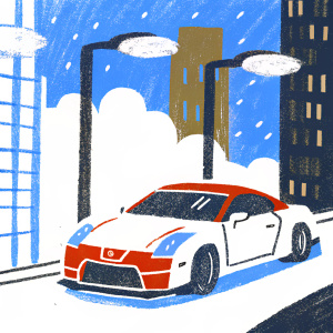A red and white Nissan GTR R35 Nismo parked in a sleek urban setting under neon lights at night.