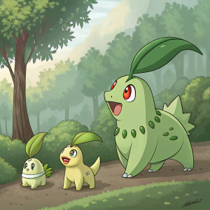 Illustration of Chikorita and its evolutions from the Pokémon series. Digital art style.