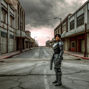 Rosa Salazar, in a sci-fi movie, dressed in a metallic armor, standing alone in a deserted, dystopian cityscape.