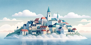 White illustration, Rene magritte style, isolated surrealistic collage of a lot of historical prague houses and trees on island, huge ocean and big sky, light pastel colors, asymmetrical composition, zoom out view, grainy texturing paper