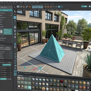 Autodesk Maya interface screenshot showcasing 3D modeling workspace. Central rendering area displays a cyan triangular form. Adjacent panels include toolboxes, material editor, timeline, and render settings.