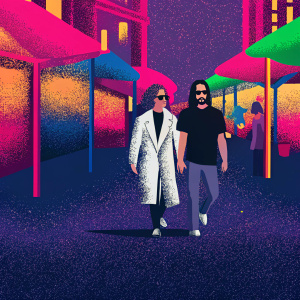 Heidi Klum and Tom Kaulitz walking through a bustling city market. Both are dressed casually. Heidi in a white trench coat and sunglasses. Tom in a black t-shirt. Background filled with vibrant street art and shoppers.