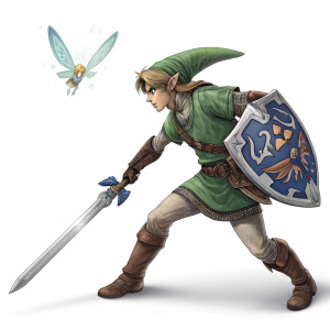 Link, from the Legend of Zelda series, in his classic green tunic, equipped with a sword and shield. A fairy companion fluttering beside him. White studio background.