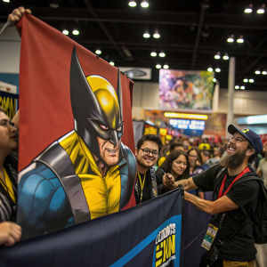 Banner at Comic-Con featuring Wolverine. Surrounded by fans and cosplayers.