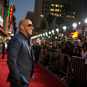 Vin Diesel, bald head, wearing a suit. At a Hollywood premiere. Crowded street with flashing cameras
