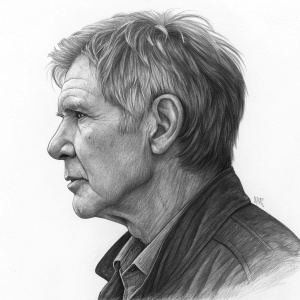 Detailed portrait sketch of Harrison Ford. Focus on profile view, showing facial features and contours. Charcoal shading creates various shades of grey.