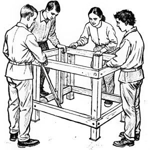 masterpiece, best quality, official art, extremely detailed CG unity 8k wallpaper, highly detailed, proper scale, absurdres, 8k resolution, realistic, a group of university male, feamle, students, working together to build a wooden frame