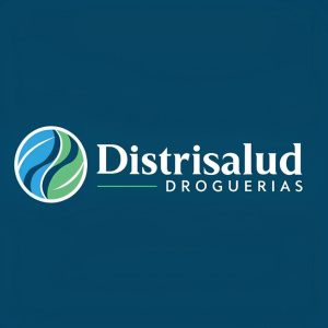 Distrisalud Droguerias logo, featuring a blend of blue and green colors, displayed prominently on the left side. Company name in clean, sans-serif font, creating a simple and elegant look. The design is modern and professional, using a restrained color palette.
