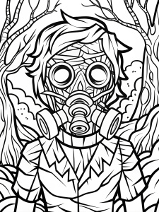  digital art, kawaii anime style zombie anatomy  in a gas mask standing in a forest – human adult, realistic, outlined art, line art, adult coloring book no border, many details at the background,
