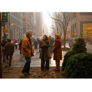 A bustling city street scene with Sam Waterston, Angie Harmon, and Dianne Wiest. Surrounded by a crowd of people. Dynamic, realistic photograph.