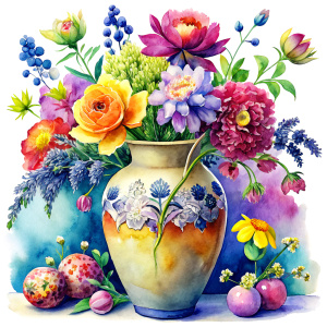 a WATERCOLOR IMAGE ,Yellow Porcelain Luxury Chinese Vintage Vase hand paint ,THERE ARE IN THE VASE : watercolor orange wild FLOWERS ,GREEN WEEDS ,burgundy PEONIE ,NAVY BLUE Bougainvillea, PURPLE dandelion ,orange geranium,dark pink  Narcissus, ochre crocusES ,navy blue daffodil ,cream roses ,amaranth Damarion s, red tulips , freesia ,sienna orange lavender Common Crape Myrtle ,Watsonia ,tritoma.carmine Chandramallika, burgundy VIOLETS ,SEPHIA SISYMBRIUM,CREAM CHAMOMILE , teracotta bluebell