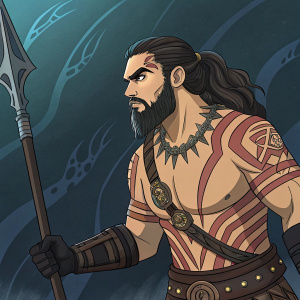 Khal Drogo, in vibrant anime style illustration. Asian art influence, detailed facial tattoos, warrior pose. Dark, mystical background.