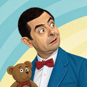 Colorful digital illustration of Rowan Atkinson as Mr. Bean. Bright background, silly face and exaggerated expressions. Wearing a blue blazer and red bow tie, holding a small, brown teddy bear.