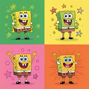 Variety of SpongeBob SquarePants images. Different colors, green, pink, orange, red backgrounds.