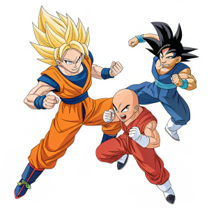 Illustration featuring Goku, Vegeta, Gohan, and Krillin. Each character in dynamic fighting poses. Vibrant colors, line art style, muscular bodies, intense expressions