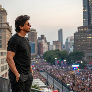 Shah Rukh Khan, Bollywood superstar, in a casual black t-shirt, stands in front of a bustling cityscape. Crowds of fans visible